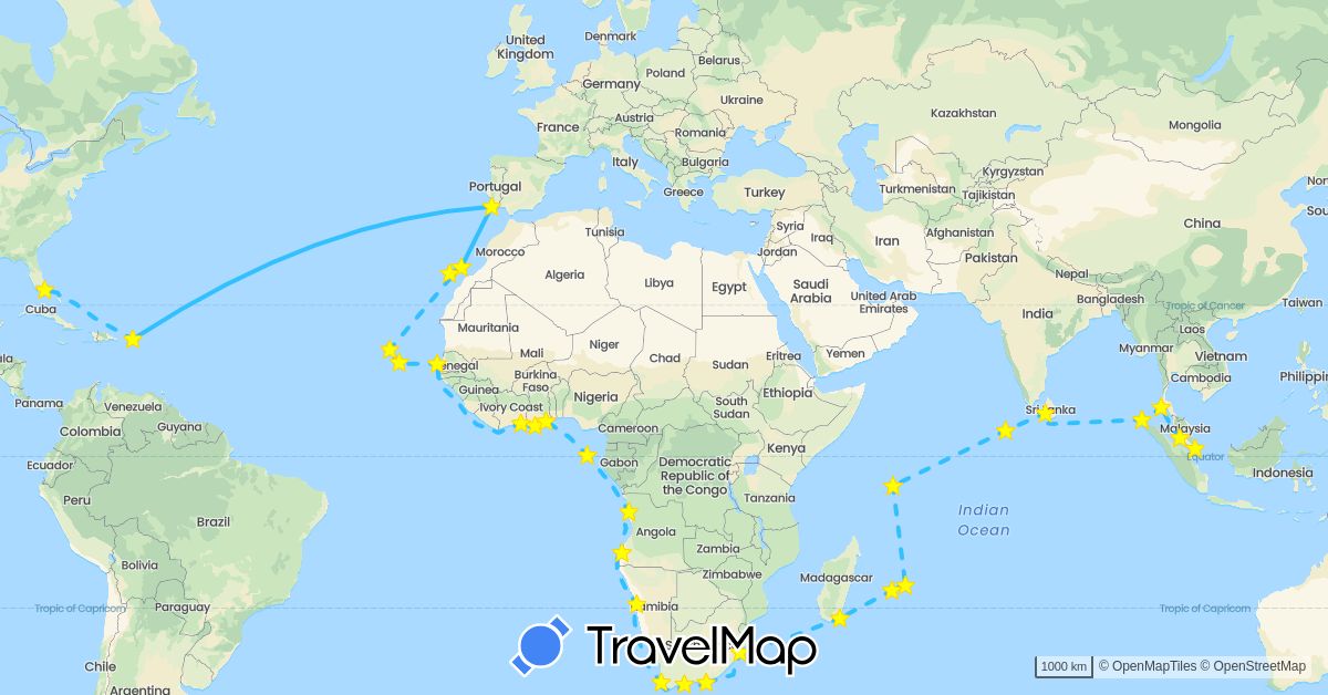 TravelMap itinerary: driving, boat in Angola, Côte d'Ivoire, Cape Verde, Spain, France, Ghana, Indonesia, Sri Lanka, Madagascar, Mauritius, Maldives, Malaysia, Namibia, Portugal, Seychelles, Singapore, Senegal, São Tomé and Príncipe, Thailand, United States, South Africa (Africa, Asia, Europe, North America)