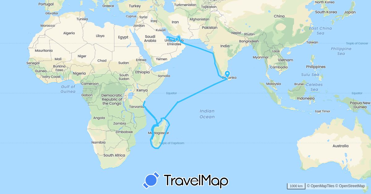 TravelMap itinerary: driving, boat in United Arab Emirates, Bahrain, France, India, Kenya, Sri Lanka, Madagascar, Maldives, Oman, Qatar, Seychelles, Tanzania (Africa, Asia, Europe)